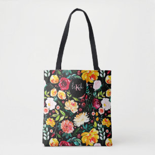 Kleurrijke Engelse tuin bloemen patroon monogramme Tote Bag