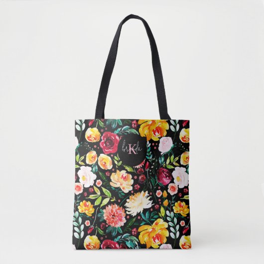 Kleurrijke Engelse tuin bloemen patroon monogramme Tote Bag (Voorkant)
