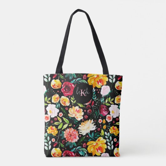 Kleurrijke Engelse tuin bloemen patroon monogramme Tote Bag (Achterkant)