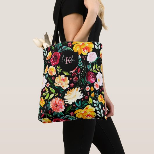 Kleurrijke Engelse tuin bloemen patroon monogramme Tote Bag (Dichtbij)