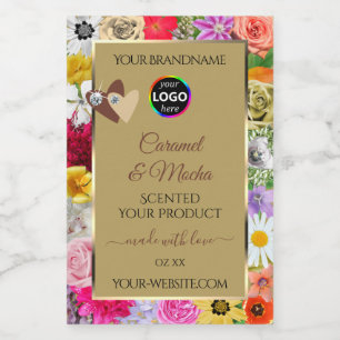 Kleurrijke etiketten met bloembeige producten Hore