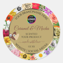 Kleurrijke etiketten met bloembeige producten Hore