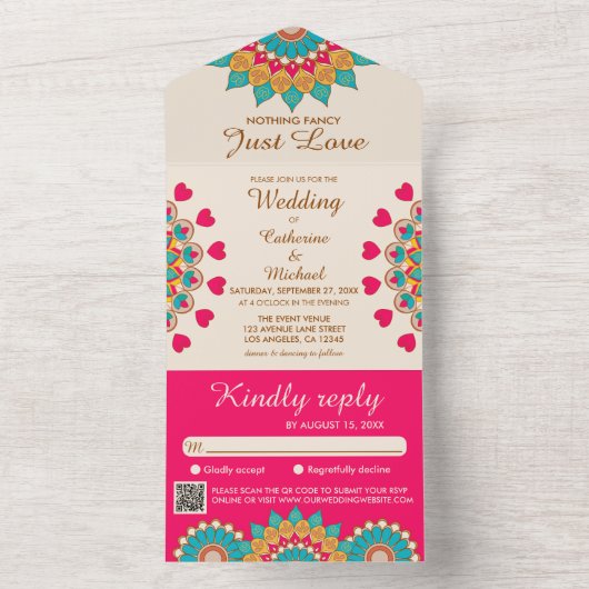 Kleurrijke etnische Mandala Bold & Heldere Bruilof All In One Uitnodiging (Binnen)
