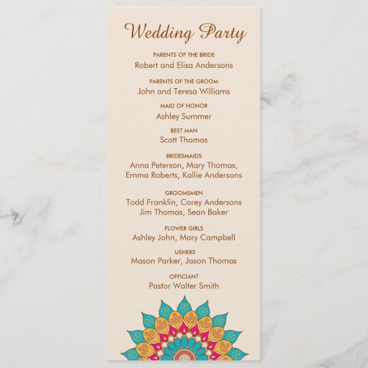 Kleurrijke etnische Mandala Bold & Heldere Bruilof Programmakaart (Achterkant)