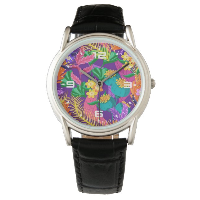 Kleurrijke exotische bladeren en bloemen Patroon-2 Horloge (Voorkant)