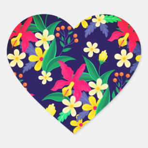 Kleurrijke Exotische Bloemen Bladeren Patroon-2302 Hart Sticker