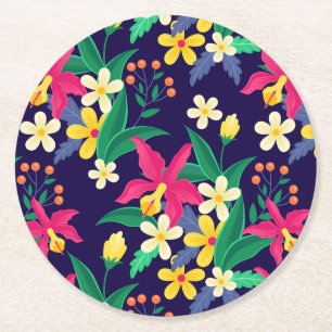 Kleurrijke Exotische Bloemen Bladeren Patroon-2302 Ronde Kartonnen Onderzetter