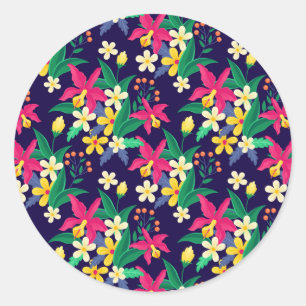 Kleurrijke Exotische Bloemen Bladeren Patroon-2302 Ronde Sticker