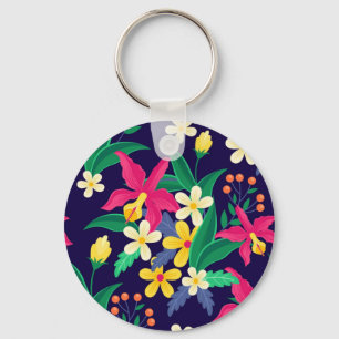 Kleurrijke Exotische Bloemen Bladeren Patroon-2302 Sleutelhanger