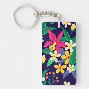 Kleurrijke Exotische Bloemen Bladeren Patroon-2302 Sleutelhanger