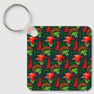 Kleurrijke Exotische Bloemen Bladeren Patroon Sleutelhanger