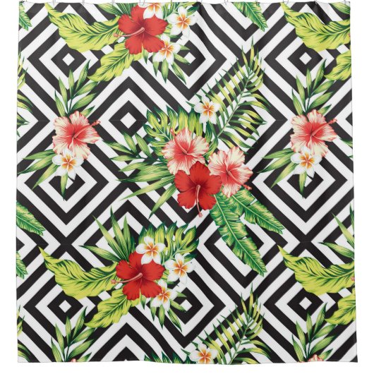 Kleurrijke exotische bloemen Modern geometrisch pa Douchegordijn (Voorkant)
