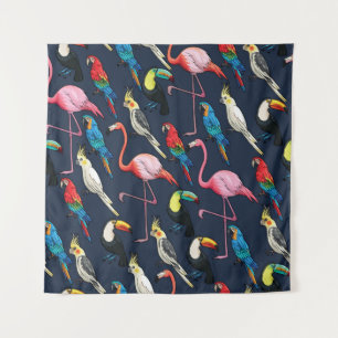 Kleurrijke exotische vogels donker patroon wandkleed
