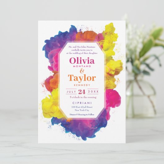 Kleurrijke explosie regenboog bruiloft kaart (Staand voorkant)