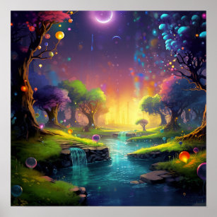 Kleurrijke fantasie land bos poster