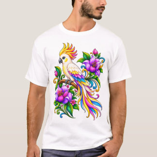 Kleurrijke Fantasie Papegaai met Tropische Bloemen T-shirt