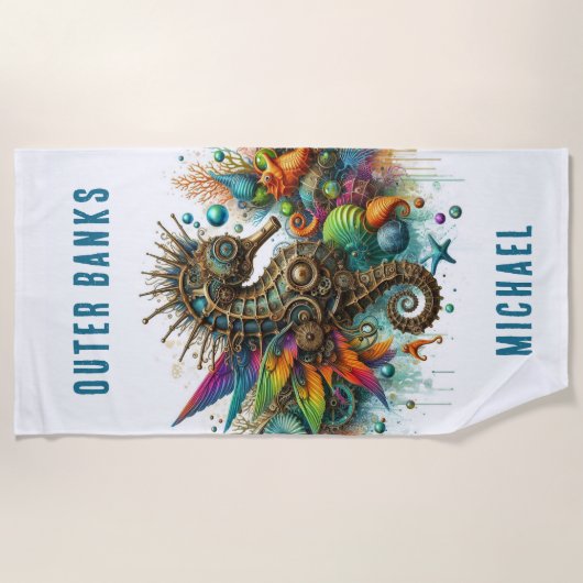 KLEURRIJKE FANTASIE STEAMPUNK ZEEPAARDJE STRANDLAKEN (Voorkant)