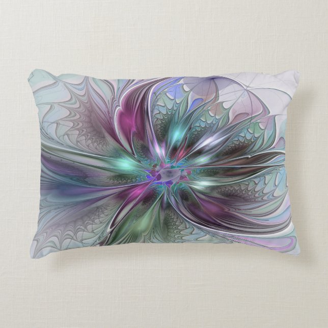 Kleurrijke Fantasy Abstract Modern Fractal Flower Accent Kussen (Voorkant)