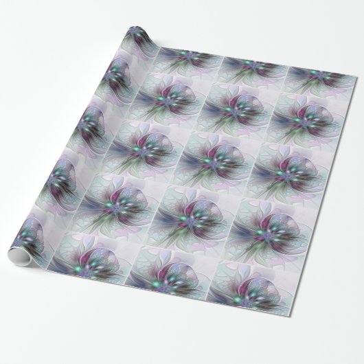 Kleurrijke Fantasy Abstract Modern Fractal Flower Cadeaupapier (Uitgerold)