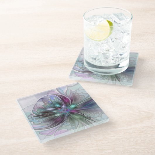Kleurrijke Fantasy Abstract Modern Fractal Flower Glazen Onderzetter (Schuin)