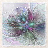 Kleurrijke Fantasy Abstract Modern Fractal Flower Glazen Onderzetter (Voorkant)