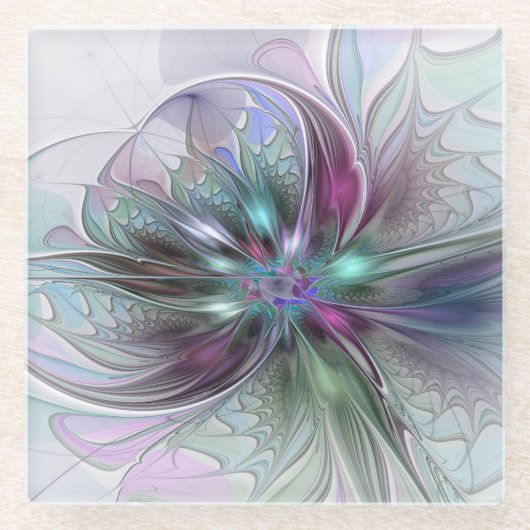 Kleurrijke Fantasy Abstract Modern Fractal Flower Glazen Onderzetter (Voorkant)