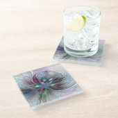 Kleurrijke Fantasy Abstract Modern Fractal Flower Glazen Onderzetter (Schuin)