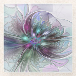 Kleurrijke Fantasy Abstract Modern Fractal Flower Glazen Onderzetter