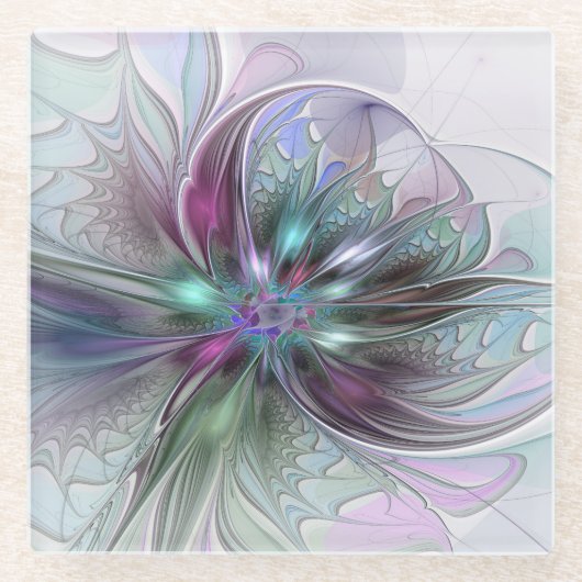 Kleurrijke Fantasy Abstract Modern Fractal Flower Glazen Onderzetter (Voorkant)