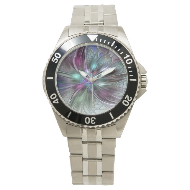 Kleurrijke Fantasy Abstract Modern Fractal Flower Horloge (Voorkant)