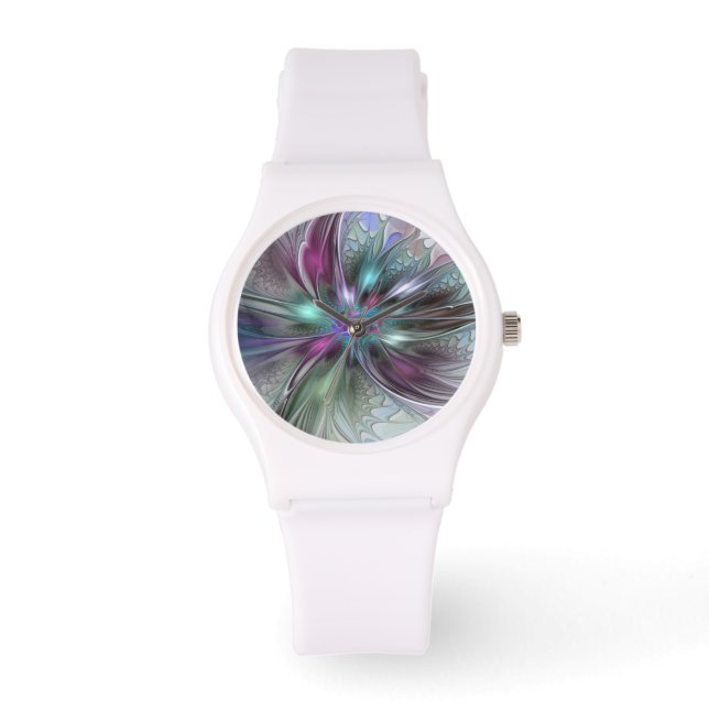 Kleurrijke Fantasy Abstract Modern Fractal Flower Horloge (Voorkant)