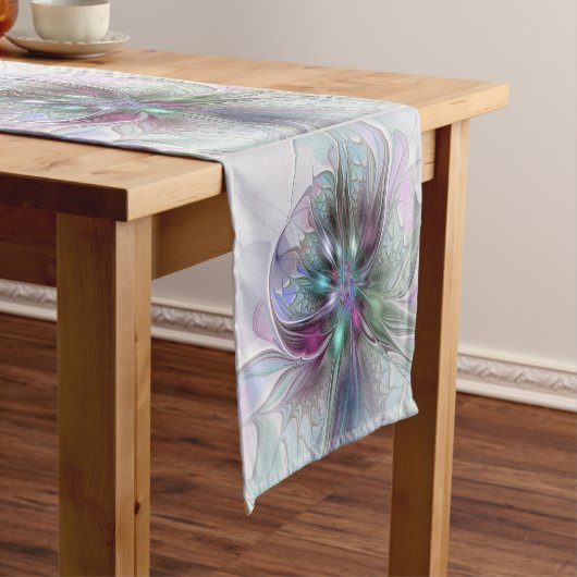 Kleurrijke Fantasy Abstract Modern Fractal Flower Korte Tafelloper (Voorbeeld)