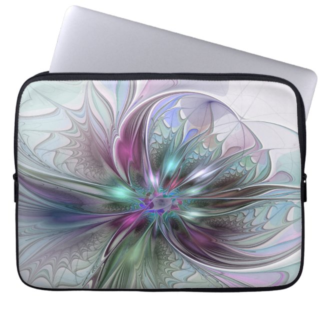 Kleurrijke Fantasy Abstract Modern Fractal Flower Laptop Sleeve (Voorkant)