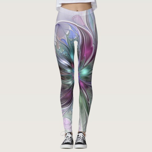 Kleurrijke Fantasy Abstract Modern Fractal Flower Leggings (Voorkant)