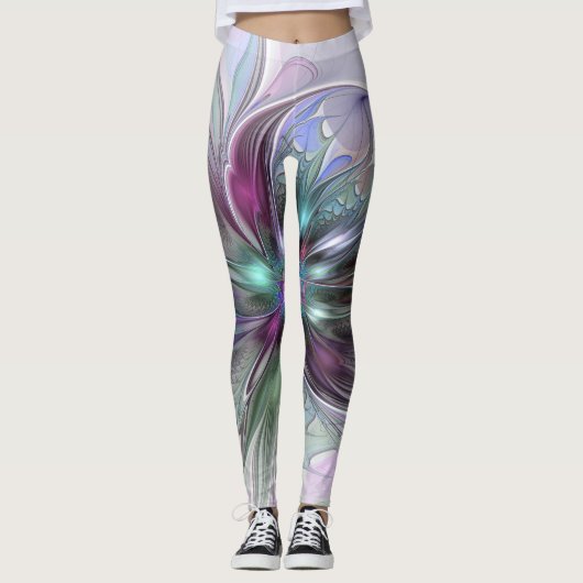 Kleurrijke Fantasy Abstract Modern Fractal Flower Leggings (Voorkant)