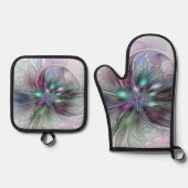 Kleurrijke Fantasy Abstract Modern Fractal Flower Ovenwant & Pannenlap Set (Voorkant)
