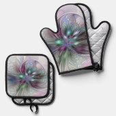Kleurrijke Fantasy Abstract Modern Fractal Flower Ovenwant & Pannenlap Set (Voorkant / Achterkant)