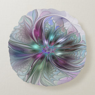 Kleurrijke Fantasy Abstract Modern Fractal Flower Rond Kussen