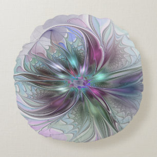 Kleurrijke Fantasy Abstract Modern Fractal Flower Rond Kussen