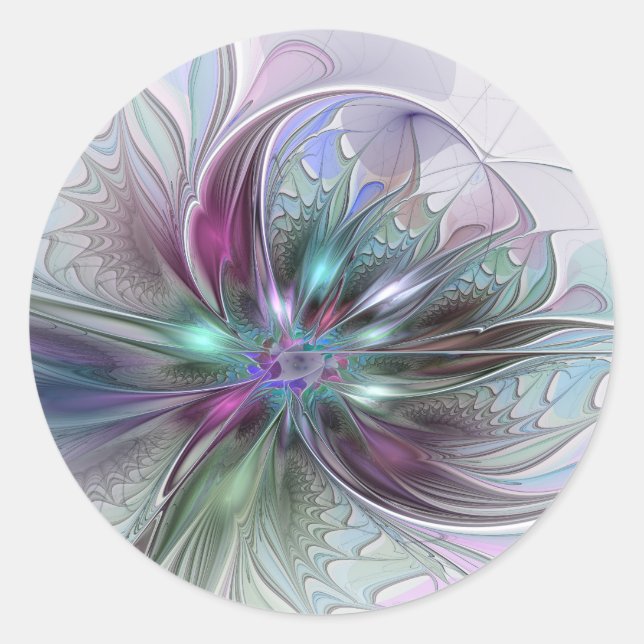 Kleurrijke Fantasy Abstract Modern Fractal Flower Ronde Sticker (Voorkant)