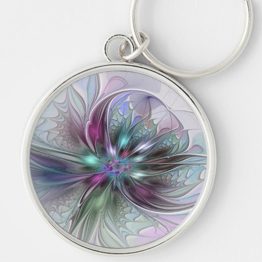 Kleurrijke Fantasy Abstract Modern Fractal Flower Sleutelhanger (Voorkant)