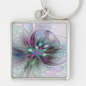Kleurrijke Fantasy Abstract Modern Fractal Flower Sleutelhanger (Voorkant)