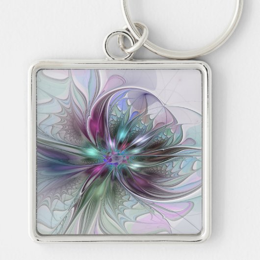 Kleurrijke Fantasy Abstract Modern Fractal Flower Sleutelhanger (Voorkant)