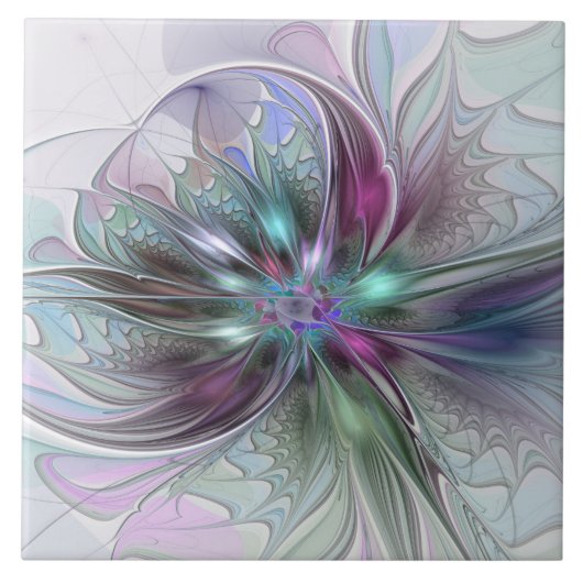 Kleurrijke Fantasy Abstract Modern Fractal Flower Tegeltje (Voorkant)