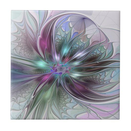 Kleurrijke Fantasy Abstract Modern Fractal Flower Tegeltje (Voorkant)