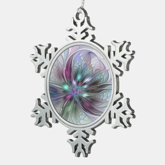 Kleurrijke Fantasy Abstract Modern Fractal Flower Tin Sneeuwvlok Ornament (Rechts)