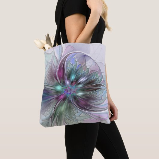 Kleurrijke Fantasy Abstract Modern Fractal Flower Tote Bag (Dichtbij)
