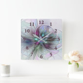 Kleurrijke Fantasy Abstract Modern Fractal Flower Vierkante Klok (Huis)
