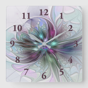 Kleurrijke Fantasy Abstract Modern Fractal Flower Vierkante Klok