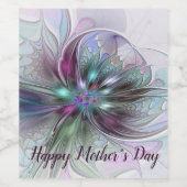 Kleurrijke Fantasy Abstract Modern Fractal Flower Wijn Etiket (Enkel label)